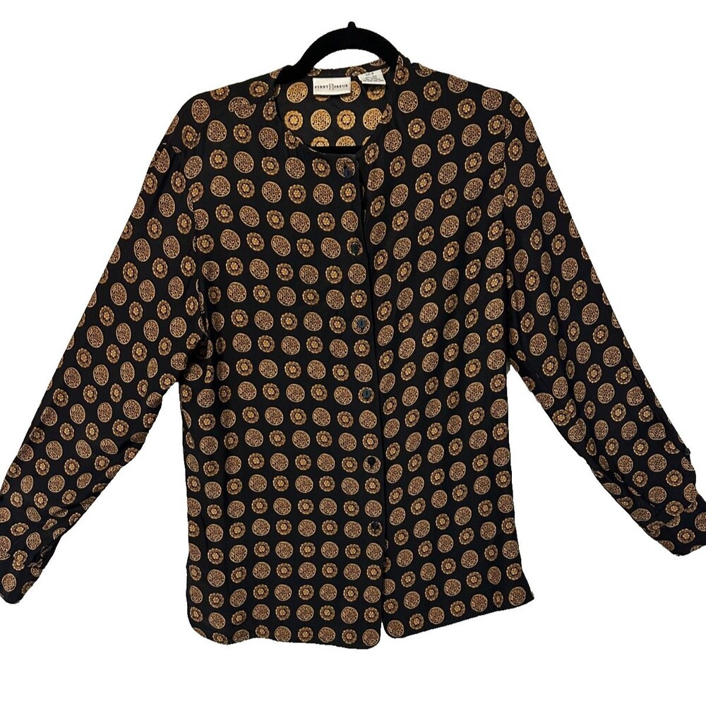 First Issue Women's s Geometric Silk Blouse Long Sleeve‎ Black/Gold Size 8